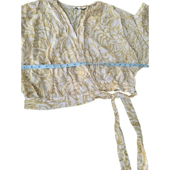 Zara Crop Top Blouse Long Sleeves Tie Floral V Neck Size L Women's Green Ivory - Picture 6 of 11